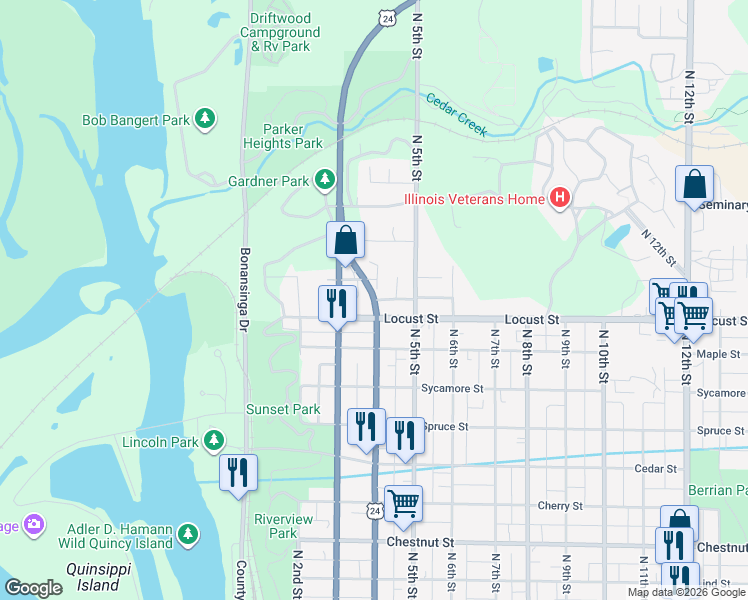 map of restaurants, bars, coffee shops, grocery stores, and more near 1643 N 4th St in Quincy