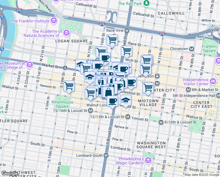 map of restaurants, bars, coffee shops, grocery stores, and more near 1441 Chestnut Street in Philadelphia
