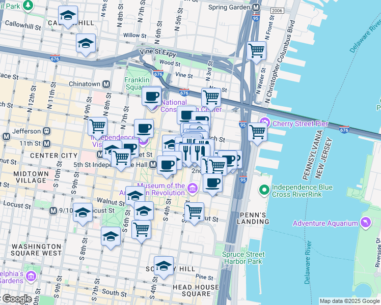 map of restaurants, bars, coffee shops, grocery stores, and more near 30 North 3rd Street in Philadelphia