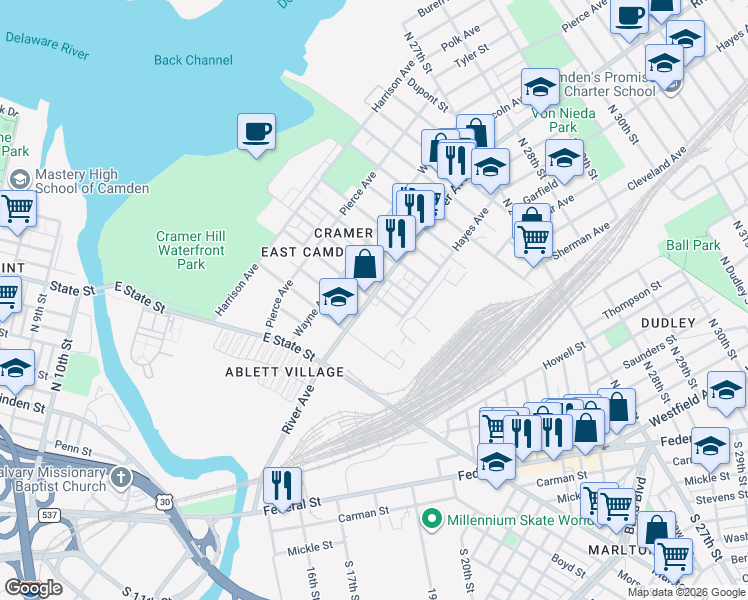 map of restaurants, bars, coffee shops, grocery stores, and more near 1892 River Avenue in Camden