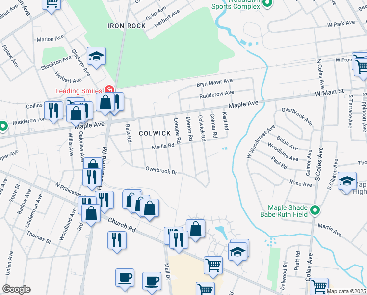map of restaurants, bars, coffee shops, grocery stores, and more near 101 Lenape Road in Cherry Hill