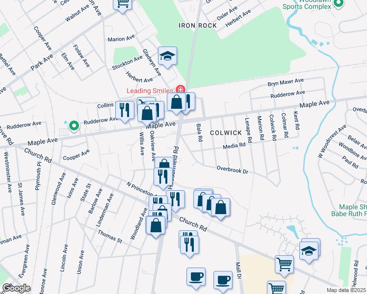 map of restaurants, bars, coffee shops, grocery stores, and more near 24 Overbrook Drive in Cherry Hill
