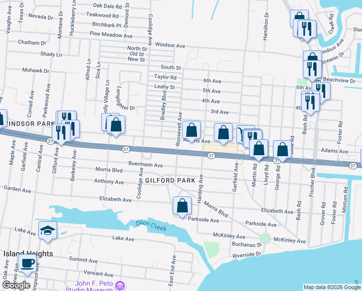 map of restaurants, bars, coffee shops, grocery stores, and more near 2202 New Jersey 37 in Toms River