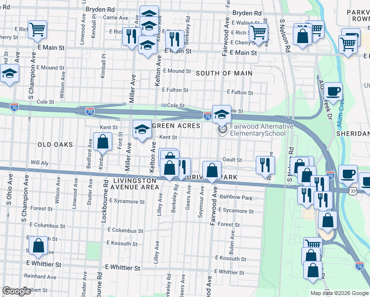 map of restaurants, bars, coffee shops, grocery stores, and more near 1574 Gault Street in Columbus
