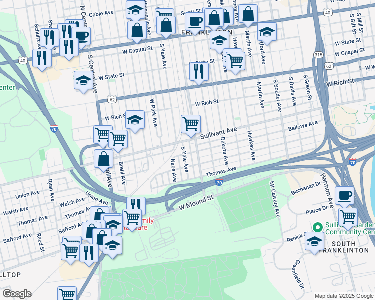 map of restaurants, bars, coffee shops, grocery stores, and more near 1134 Bellows Avenue in Columbus
