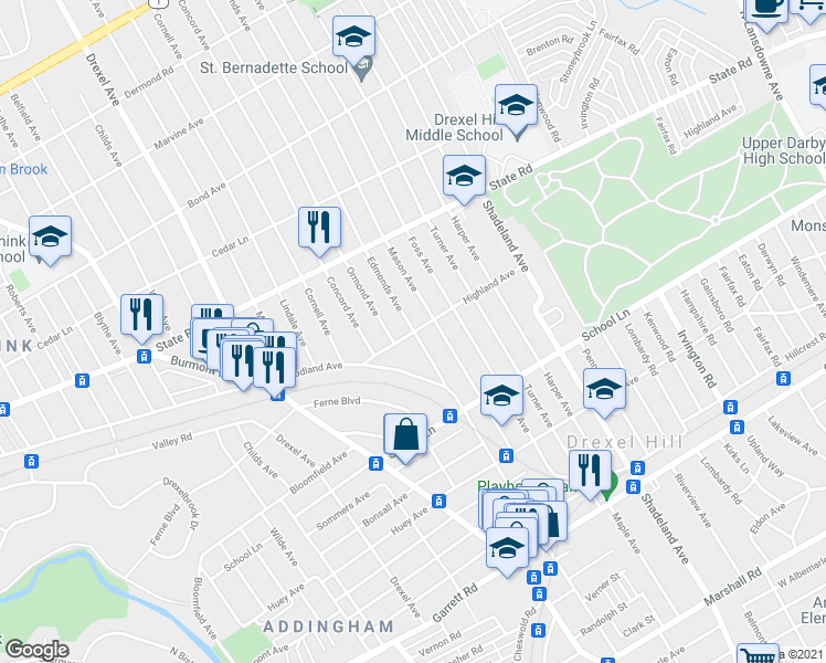 map of restaurants, bars, coffee shops, grocery stores, and more near 700 Edmonds Ave in Drexel Hill