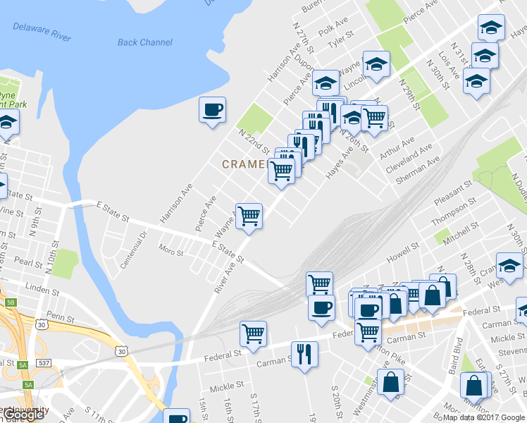 map of restaurants, bars, coffee shops, grocery stores, and more near 1817 River Ave in Camden