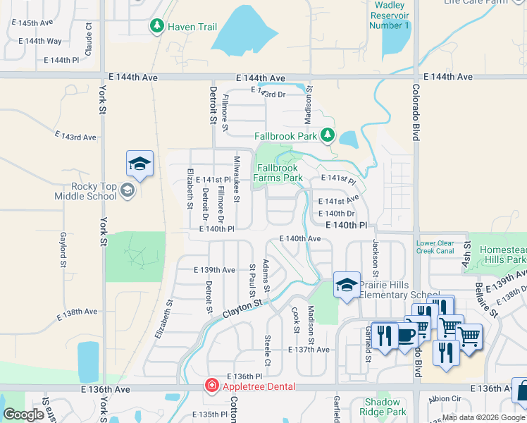 map of restaurants, bars, coffee shops, grocery stores, and more near 3322 East 140th Drive in Thornton