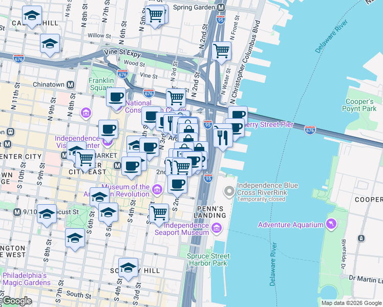 map of restaurants, bars, coffee shops, grocery stores, and more near 24 Cuthbert Street in Philadelphia