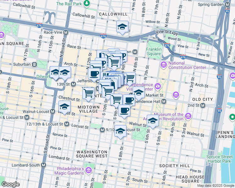 map of restaurants, bars, coffee shops, grocery stores, and more near 901 Market Street in Philadelphia