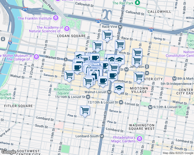 map of restaurants, bars, coffee shops, grocery stores, and more near 1508 Sansom Street in Philadelphia