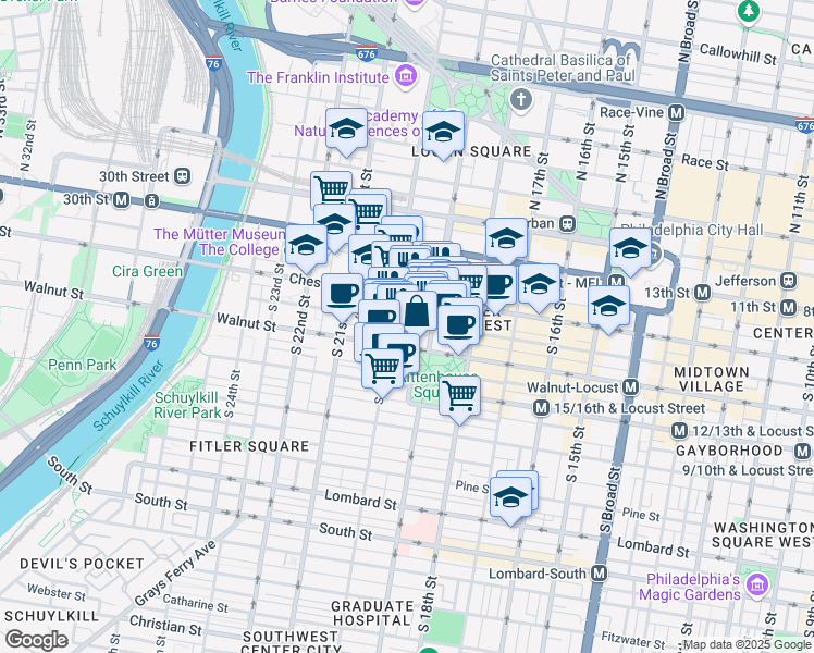 map of restaurants, bars, coffee shops, grocery stores, and more near 126 South 19th Street in Philadelphia