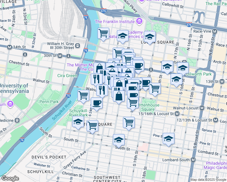 map of restaurants, bars, coffee shops, grocery stores, and more near in Philadelphia
