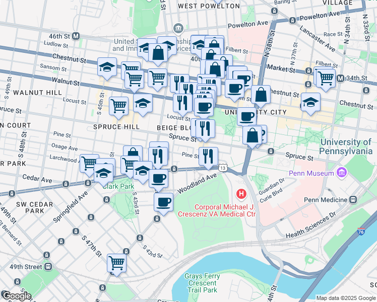 map of restaurants, bars, coffee shops, grocery stores, and more near 4015 Pine Street in Philadelphia