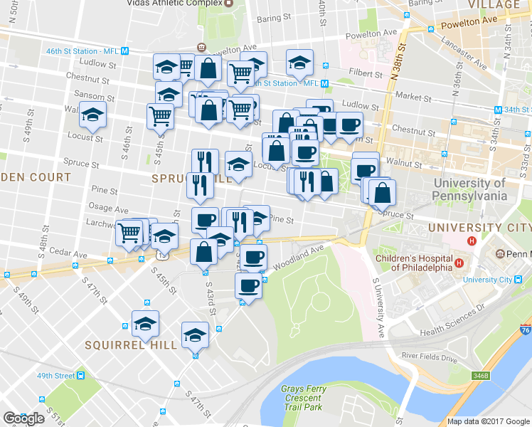 map of restaurants, bars, coffee shops, grocery stores, and more near 319 South 41st Street in Philadelphia