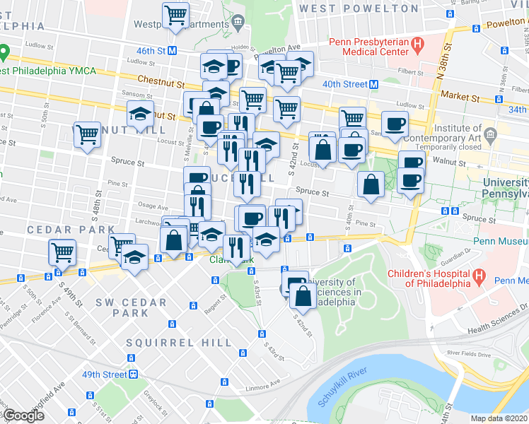 map of restaurants, bars, coffee shops, grocery stores, and more near 4226 Pine Street in Philadelphia