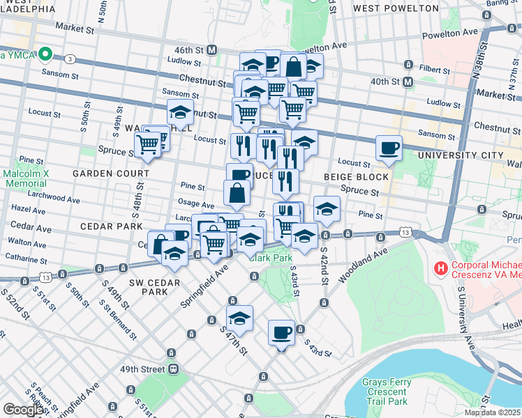 map of restaurants, bars, coffee shops, grocery stores, and more near 4428 Pine Street in Philadelphia