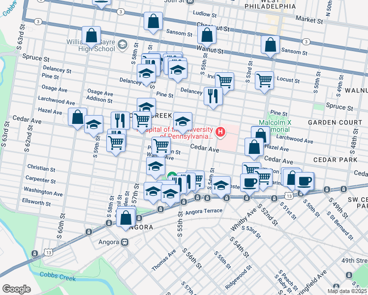 map of restaurants, bars, coffee shops, grocery stores, and more near 5535 Pemberton Street in Philadelphia