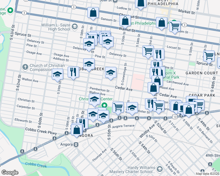 map of restaurants, bars, coffee shops, grocery stores, and more near 5535 Pemberton Street in Philadelphia