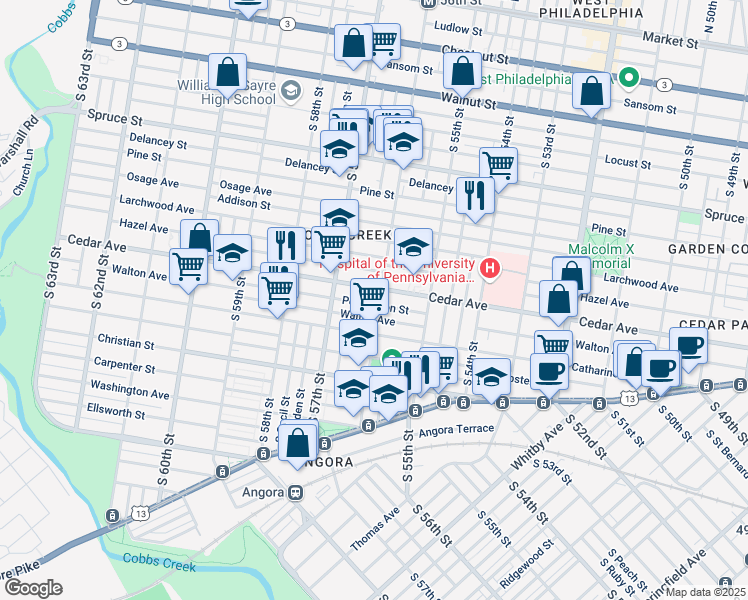 map of restaurants, bars, coffee shops, grocery stores, and more near 610 South 56th Street in Philadelphia