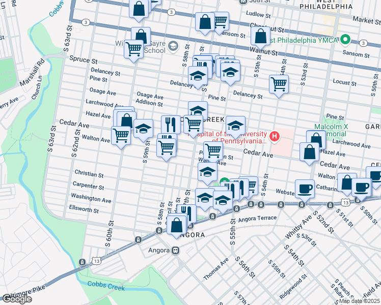 map of restaurants, bars, coffee shops, grocery stores, and more near 625 South 57th Street in Philadelphia