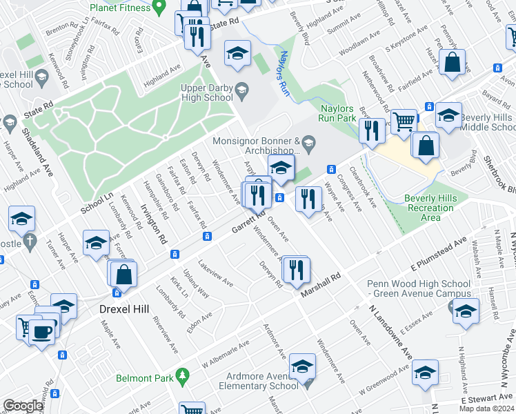 map of restaurants, bars, coffee shops, grocery stores, and more near 2249 Garrett Road in Drexel Hill