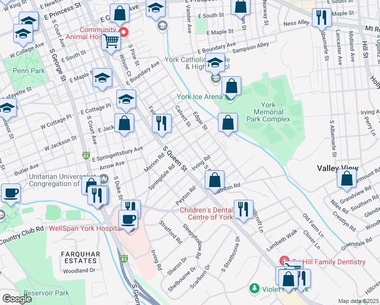 map of restaurants, bars, coffee shops, grocery stores, and more near 1021 South Pine Street in York