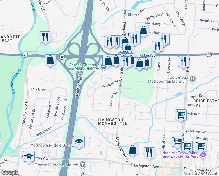 map of restaurants, bars, coffee shops, grocery stores, and more near 1328 Yorkland Road in Columbus