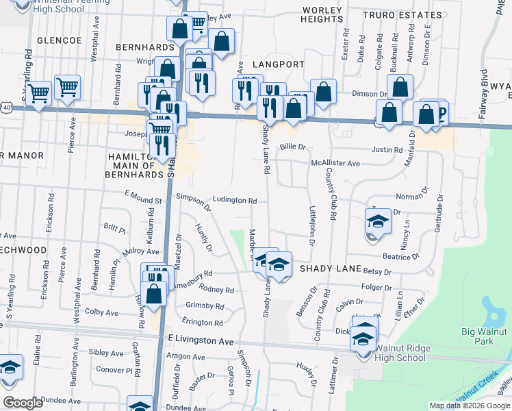 map of restaurants, bars, coffee shops, grocery stores, and more near 1198 Marble Drive in Columbus