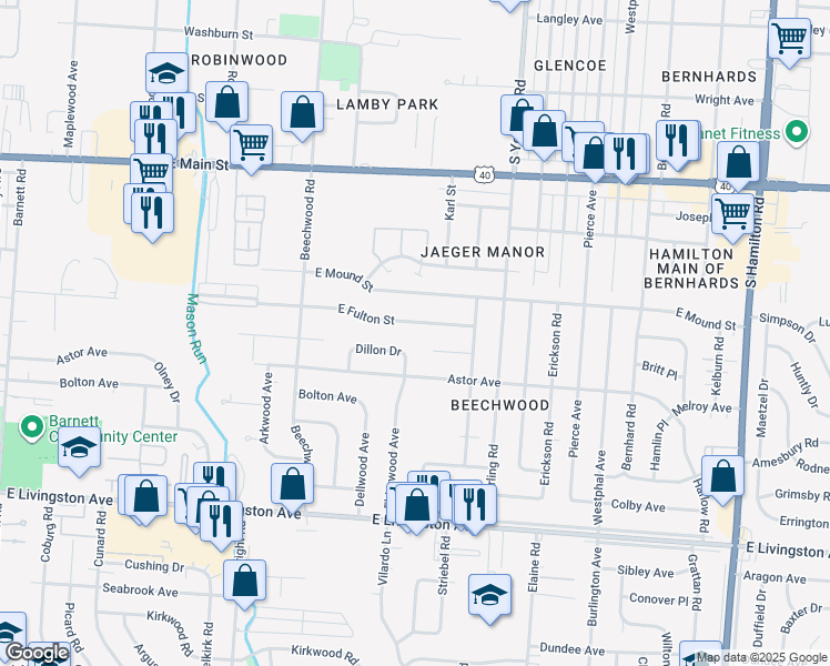map of restaurants, bars, coffee shops, grocery stores, and more near 4011 East Fulton Street in Columbus
