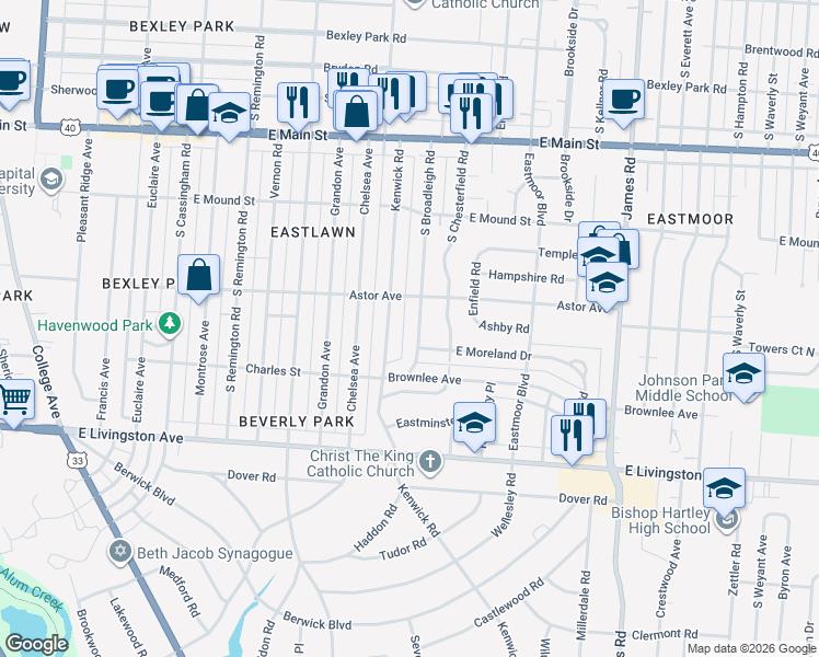 map of restaurants, bars, coffee shops, grocery stores, and more near 946 South Broadleigh Road in Columbus