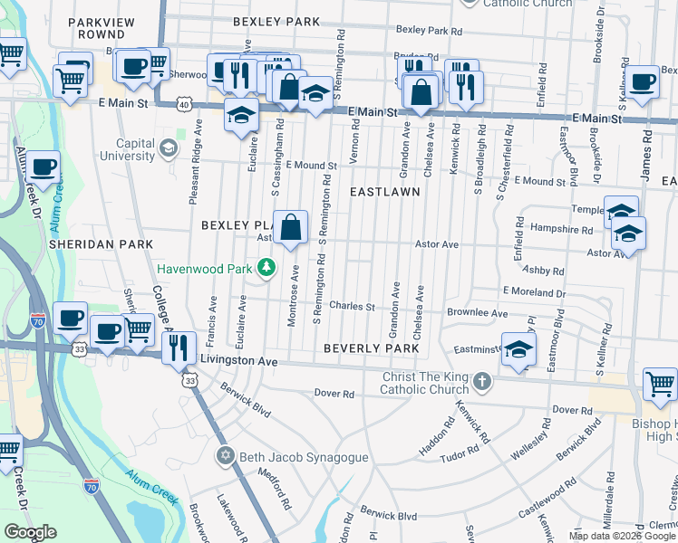 map of restaurants, bars, coffee shops, grocery stores, and more near 912 Vernon Road in Columbus