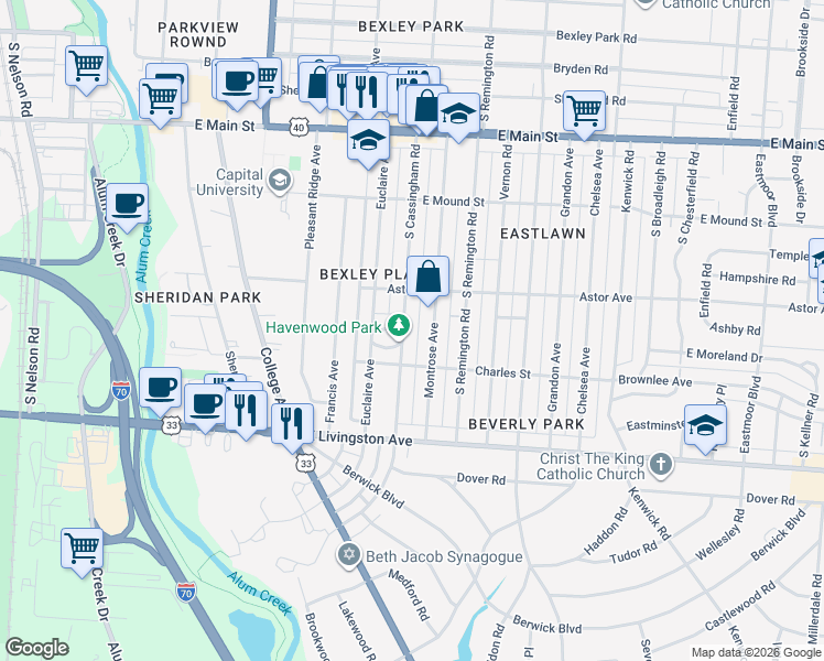 map of restaurants, bars, coffee shops, grocery stores, and more near 901 Montrose Avenue in Columbus
