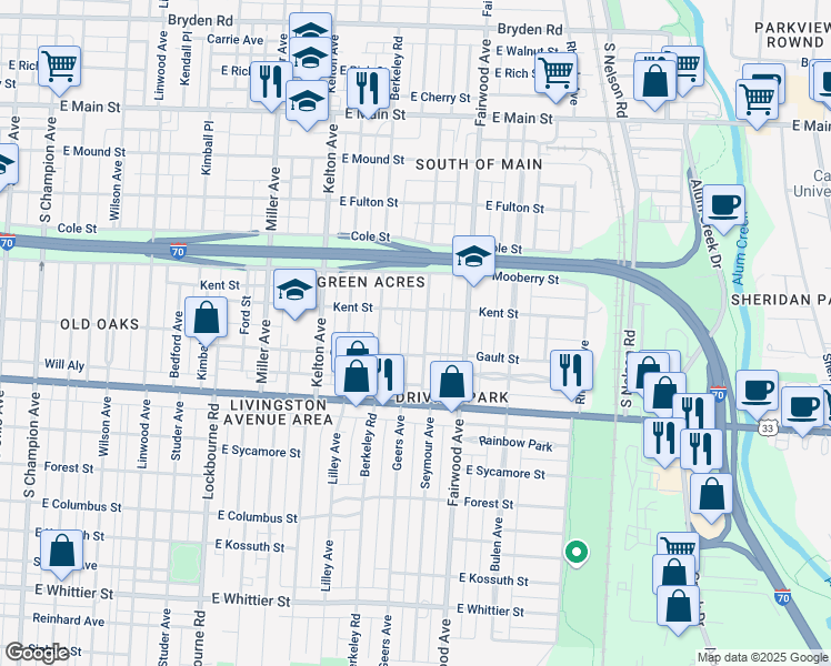 map of restaurants, bars, coffee shops, grocery stores, and more near 1574 Gault Street in Columbus
