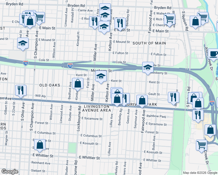 map of restaurants, bars, coffee shops, grocery stores, and more near 762 Kelton Avenue in Columbus