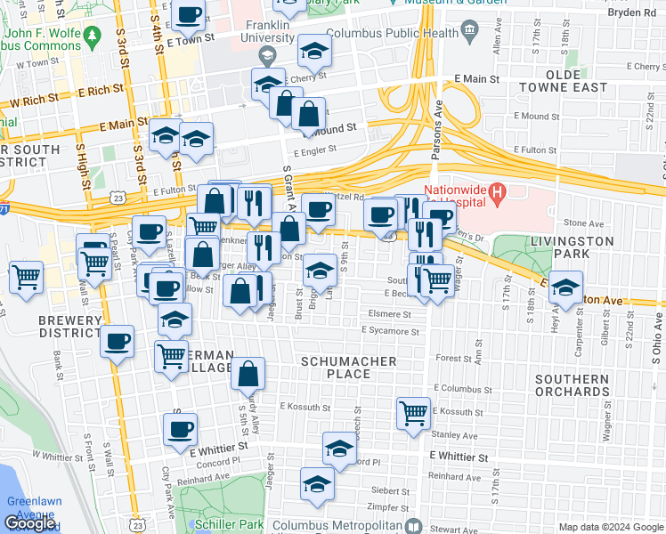 map of restaurants, bars, coffee shops, grocery stores, and more near 603 Lathrop Street in Columbus