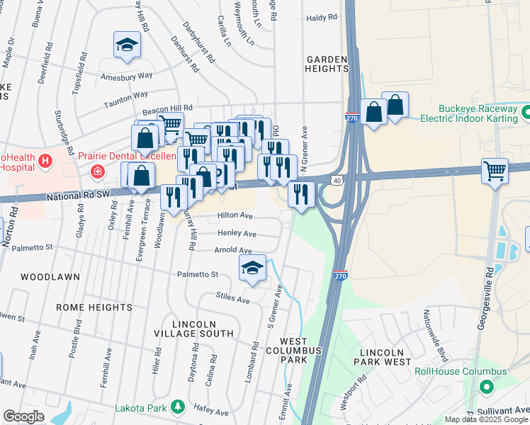 map of restaurants, bars, coffee shops, grocery stores, and more near 4632 Hilton Avenue in Columbus