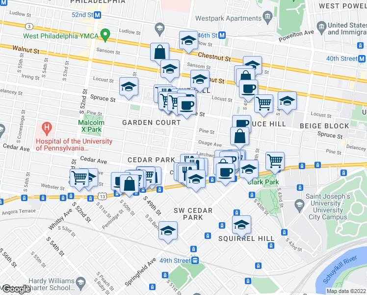 map of restaurants, bars, coffee shops, grocery stores, and more near 4723 Larchwood Avenue in Philadelphia