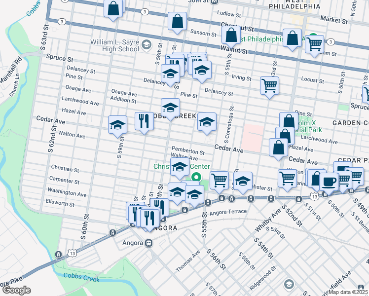 map of restaurants, bars, coffee shops, grocery stores, and more near 5611 Pemberton Street in Philadelphia