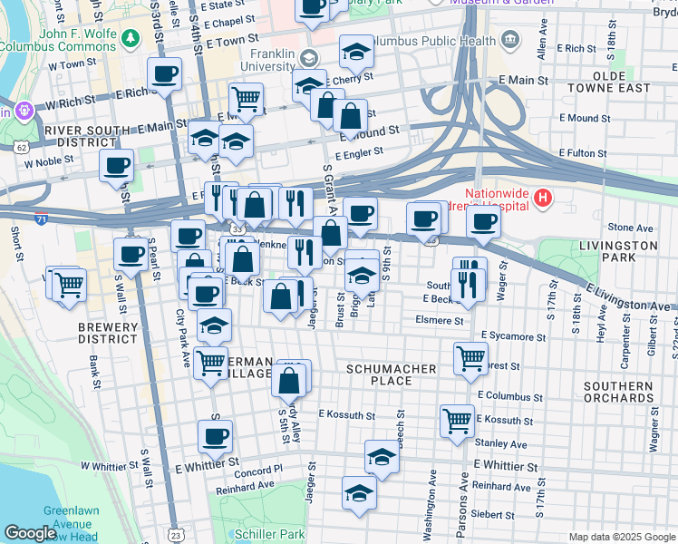 map of restaurants, bars, coffee shops, grocery stores, and more near 592 South Grant Avenue in Columbus
