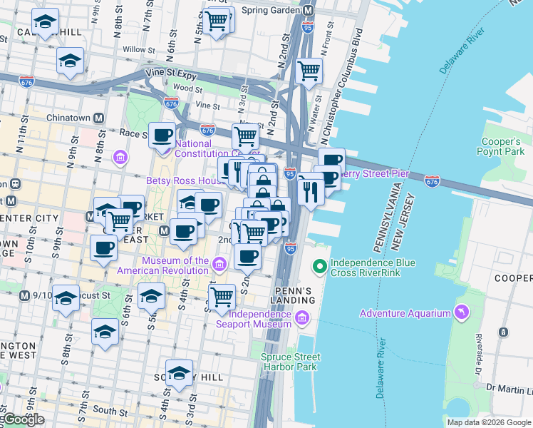 map of restaurants, bars, coffee shops, grocery stores, and more near 24 Cuthbert Street in Philadelphia