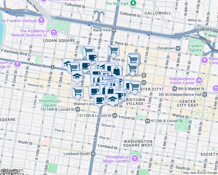 map of restaurants, bars, coffee shops, grocery stores, and more near 1339 Chestnut Street in Philadelphia