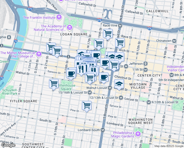 map of restaurants, bars, coffee shops, grocery stores, and more near 1616 Chestnut Street in Philadelphia