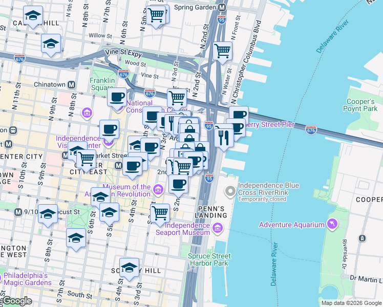 map of restaurants, bars, coffee shops, grocery stores, and more near 24 Cuthbert Street in Philadelphia