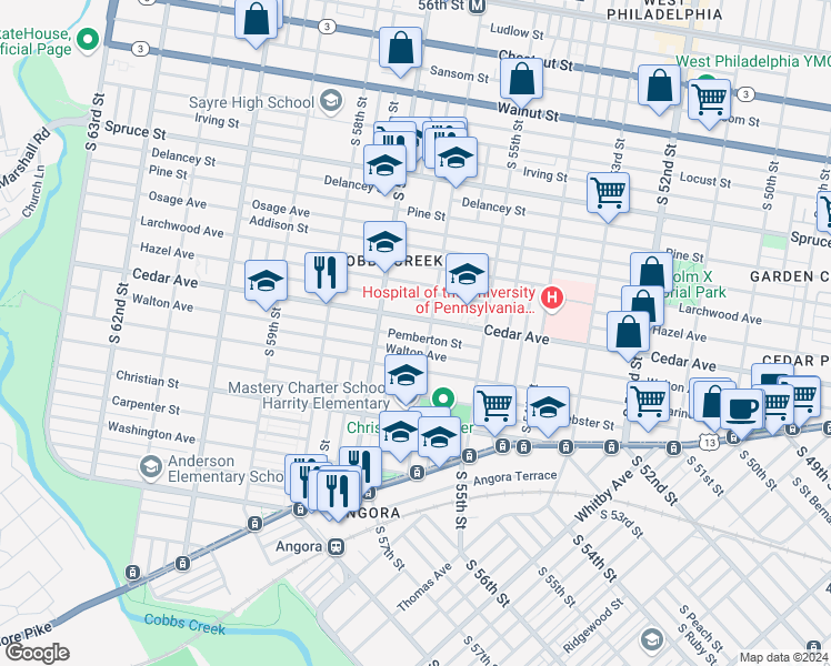 map of restaurants, bars, coffee shops, grocery stores, and more near 5613 Pemberton Street in Philadelphia