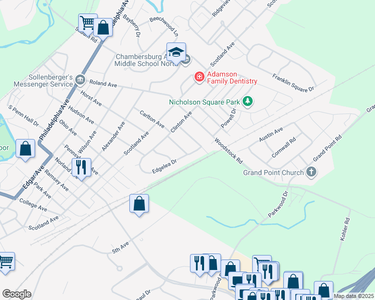 map of restaurants, bars, coffee shops, grocery stores, and more near 555 Mentzer Avenue in Chambersburg