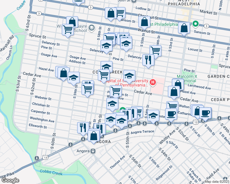 map of restaurants, bars, coffee shops, grocery stores, and more near 5613 Pemberton Street in Philadelphia