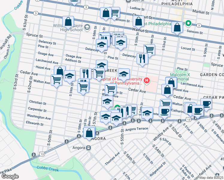 map of restaurants, bars, coffee shops, grocery stores, and more near 610 South 56th Street in Philadelphia