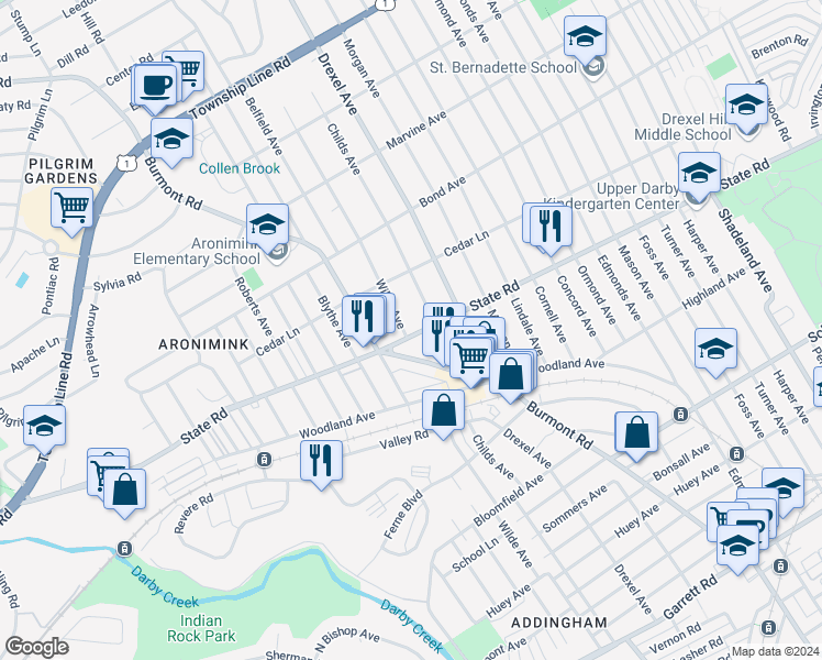map of restaurants, bars, coffee shops, grocery stores, and more near 801 Wilde Avenue in Upper Darby
