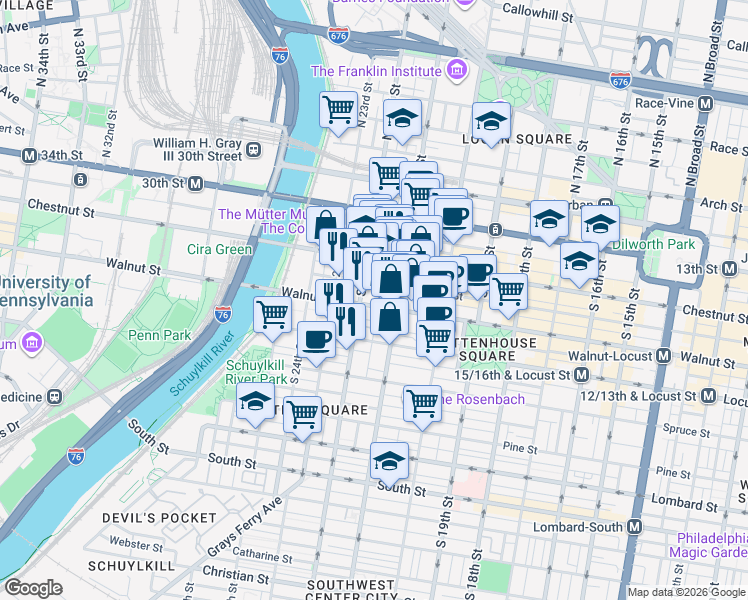 map of restaurants, bars, coffee shops, grocery stores, and more near 2125 Walnut Street in Philadelphia